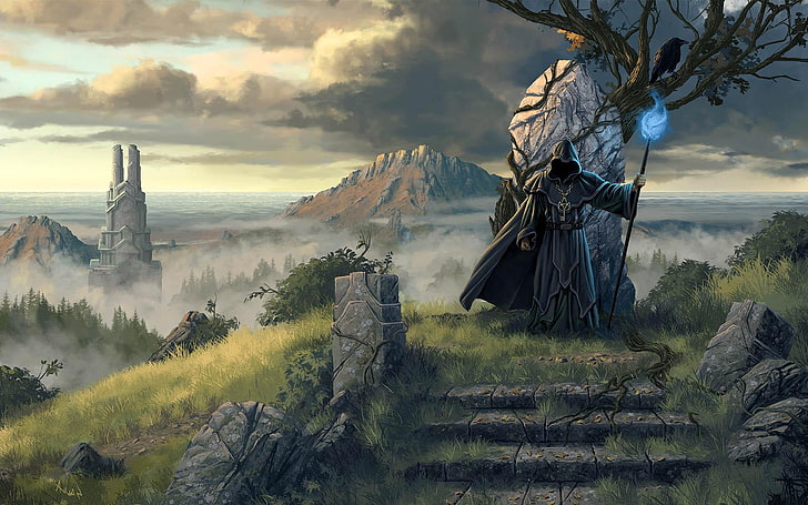 иллюстрация волшебника, легенда о Grimrock 2, волшебник, герой, мантия, дерево, HD обои