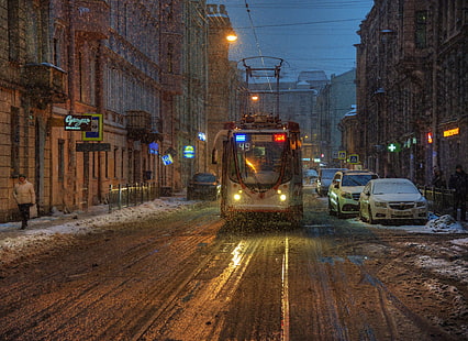 St. Petersburg, pemandangan kota, trem, kendaraan, jalan, musim dingin, Wallpaper HD HD wallpaper