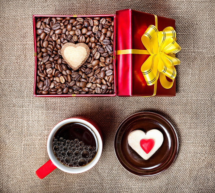 Coffee, Box, Cup, Grains, Heart, Cake, Gift, Holiday, HD wallpaper