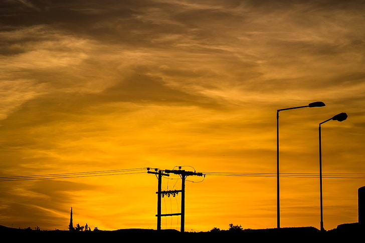 electric utility post, wires, pillar, sunset, HD wallpaper