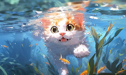 gato nadando, gato pequeno, HD papel de parede HD wallpaper