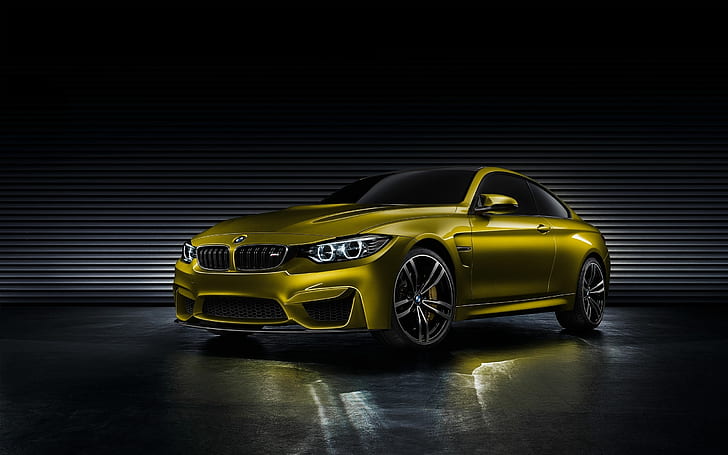 BMW M4 Concept, yellow bmw coupe, bmw m4, coupe cars, sport cars, HD wallpaper