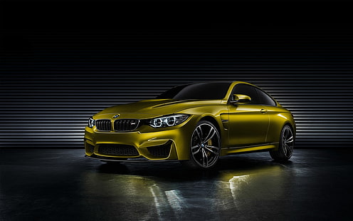 BMW M4 Concept, bmw kuning coupe, bmw m4, mobil coupe, mobil sport, Wallpaper HD HD wallpaper