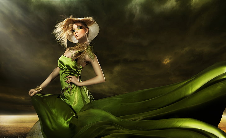 hat, feathers, green dress, makeup, fashionable girl, elegant hairstyle, HD wallpaper