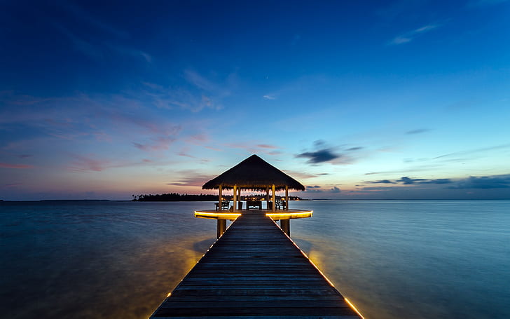 Île Kihaadhuffaru, Maldives, Île Kihaadhuffaru, Maldives, paysage, Coucher de soleil, bungalows, Océan, complexe, Fond d'écran HD