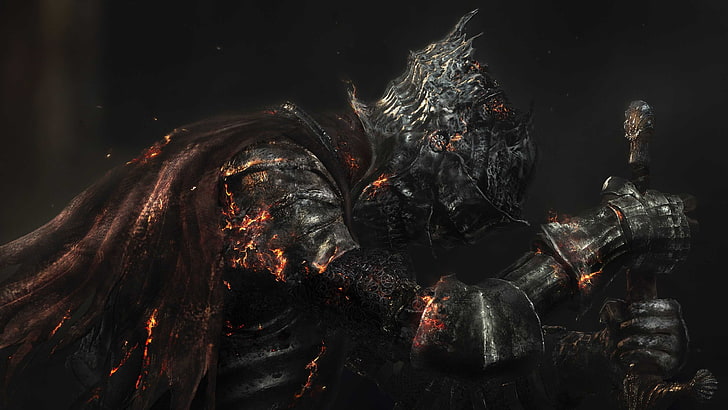 серый металлический череп с мечом обои, видеоигры, Dark Souls III, произведение искусства, рыцарь, меч, броня, Dark Souls, From Software, смерть, огонь, воин, цифровое искусство, HD обои