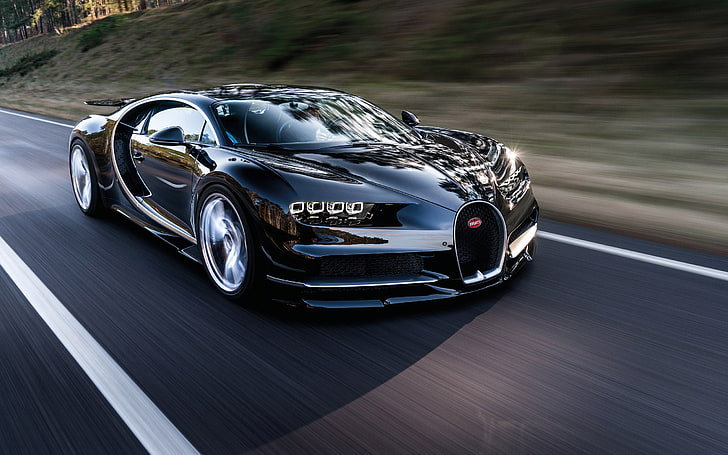 mobil Bugatti hitam, Bugatti Chiron, Mobil Super, kendaraan, mobil, jalan, gerakan kabur, Wallpaper HD