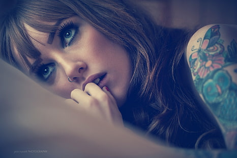 wanita, wajah, potret, tato, cincin hidung, Jack Russell, Wallpaper HD HD wallpaper