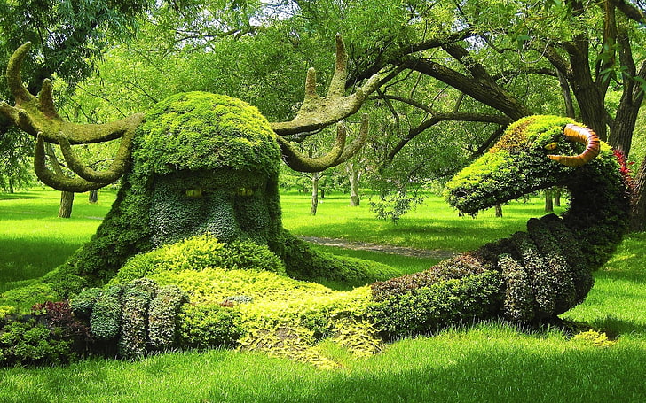 природа, дървета, скулптура, зелено, пейзаж, HD тапет