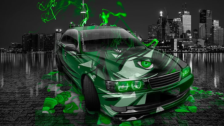 green coupe, Auto, Night, The city, Machine, Style, Wallpaper, City, Japan, Anime, Toyota, Car, Japanese, Art, Green, Photoshop, Design, Neon, Boy, JDM, JZX100, Chaser, Chayzer, 2014, el Tony Cars, Tony Kokhan, Airbrushing, Aerography, HD Wallpapers, Effects, 100 Body, HD wallpaper