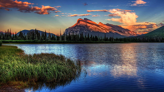 rano, mt. rundle, park narodowy Banff, kanada, alberta, jezioro, park narodowy, chmura, bank, cynobrowe jeziora, świt, zamontuj dekoracje, woda, góra, jezioro, pustynia, niebo, natura, Tapety HD HD wallpaper