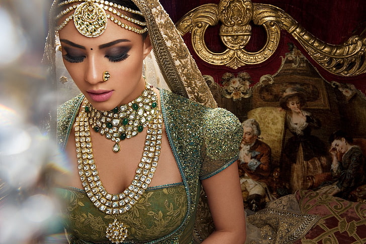 Женщины, невеста, боке, девушка, индийский, ювелирные изделия, макияж, ожерелье, восточные, сари, фата, HD обои