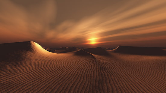 砂漠の日没の風景CG HD、デジタル/アートワーク、風景、日没、砂漠、cg、 HDデスクトップの壁紙 HD wallpaper