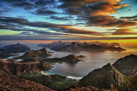 bergskedja, solnedgång, ö, Lofoten, berg, Norge, moln, strand, hav, natur, sommar, landskap, HD tapet HD wallpaper
