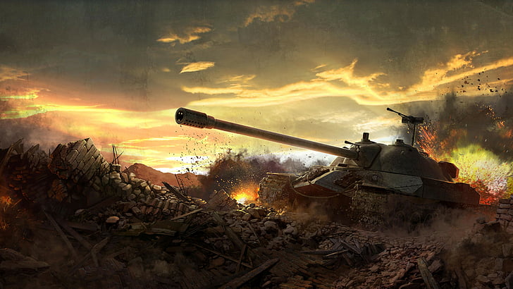 World of Tanks, gra, czołg, IS-7, pole bitwy, niebo, chmury, zachód słońca, ogień, sztuka, zrzut ekranu, 4k, 5k, PC, Tapety HD