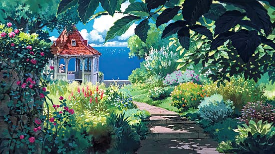 Porco Rosso, Kurenai no Buta, Studio Ghibli, filmy animowane, fotosy filmowe, anime, animacja, Hayao Miyazaki, ogród, woda, niebo, chmury, kwiaty, liście, altanka, Tapety HD HD wallpaper