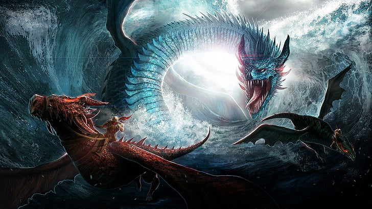 lucha, dragón, arte de fantasía, dragones, océano, mar, guerrero, Fondo de pantalla HD
