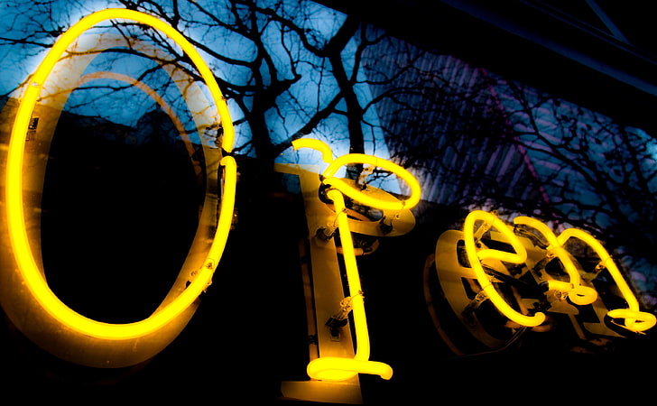 Open Blur, yellow LED open signage, Artistic, Typography, open, blur, HD wallpaper