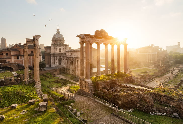 Roma - Italia, bangunan beton berwarna coklat, kuno, Roma, sinar matahari, Roma, patung, katedral, forum, Wallpaper HD