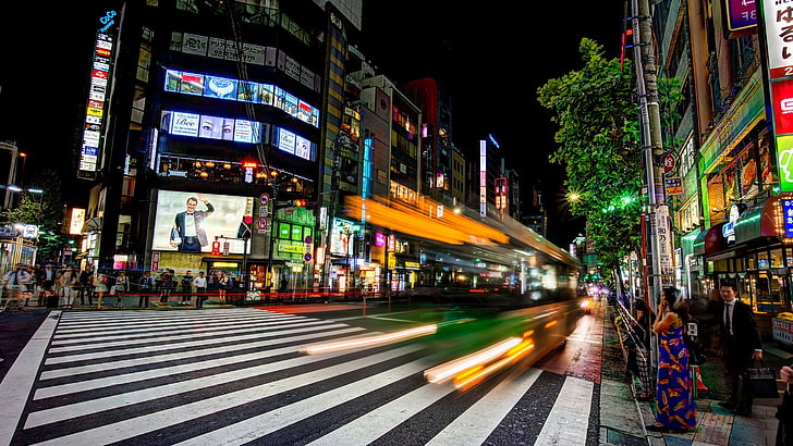 Замедленная съемка пересечения Сибуя, Япония ночью, городской пейзаж, ночь, улица, Япония, HD обои