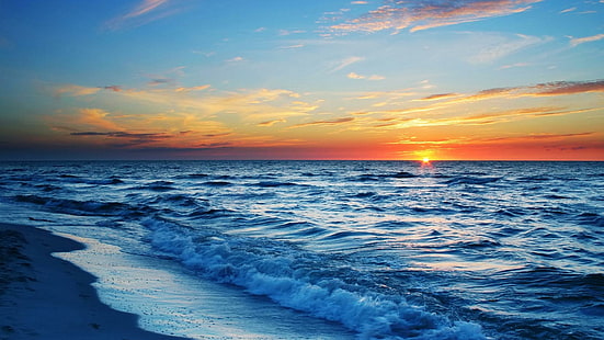 превъзходен океански залез, морски бряг и залез фотография, плаж, хоризонт, залез, океан, HD тапет HD wallpaper