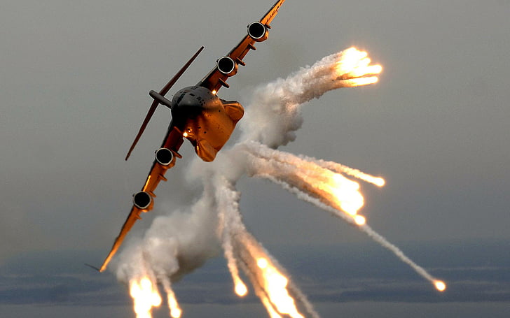 airplane, evasive, fire, flare, military, smoke, transport, HD wallpaper