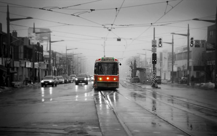 red tram train, street, urban, Toronto, selective coloring, traffic, tram, HD wallpaper