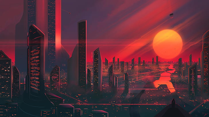 Sci Fi, stad, byggnad, futuristisk, skyskrapa, sol, solnedgång, HD tapet