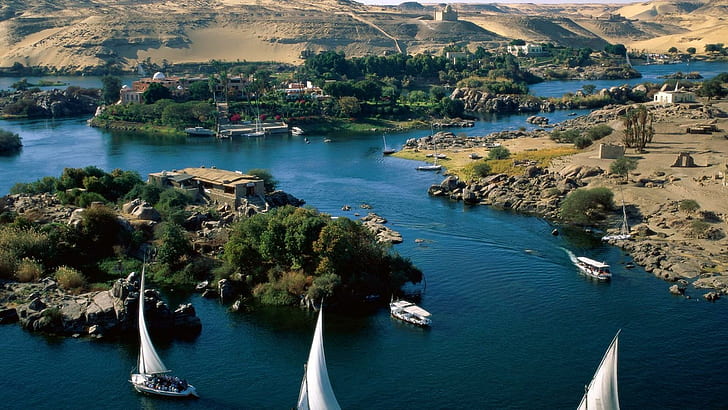 Bellissimo fiume Nilo in Egitto, case, fiume, barche, isole, natura e paesaggi, Sfondo HD