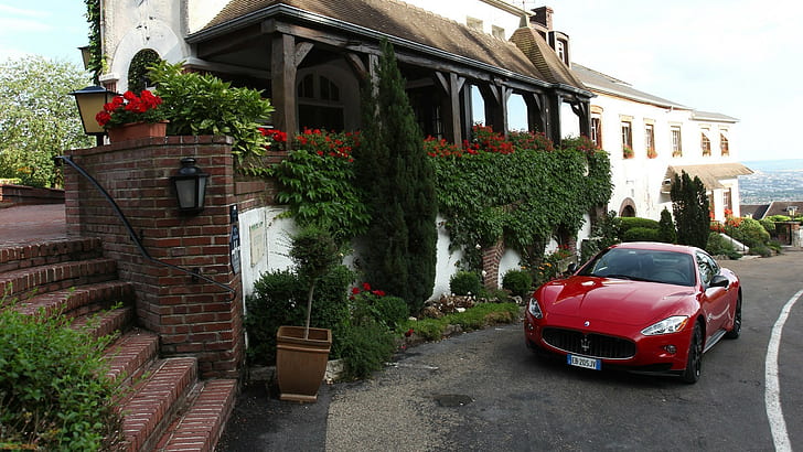 Maserati, зелен, кола, къща, превозно средство, червени коли, HD тапет