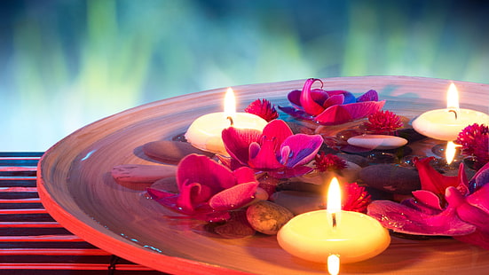 SPA themed, candles, flowers, stones, water, SPA, Themed, Candles, Flowers, Stones, Water, HD wallpaper HD wallpaper