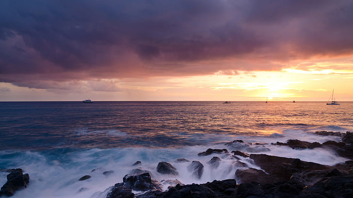 alam, pemandangan, matahari terbenam, awan, pantai, batu, laut, Wallpaper HD