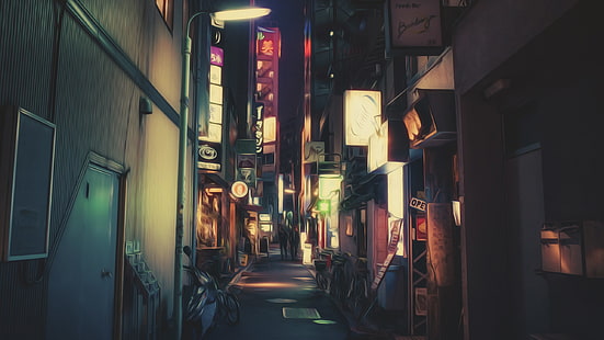 schwarzer Holzschrank mit Spiegel, Masashi Wakui, Fotografie, Fotomanipulation, Neonlichter, HD-Hintergrundbild HD wallpaper