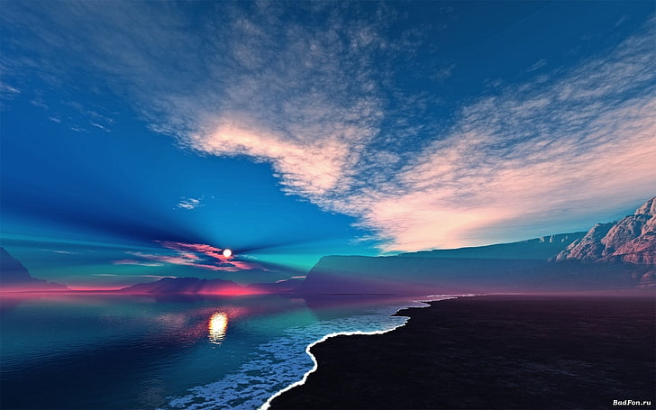ชายหาดใต้ท้องฟ้าสีฟ้างานศิลปะศิลปะดิจิตอลชายหาดขอบฟ้าทะเลสีสันสดใส, วอลล์เปเปอร์ HD