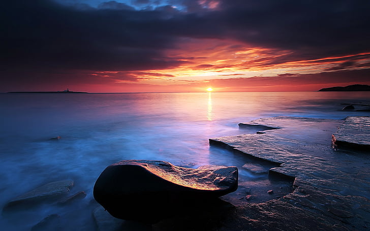 beaches, clouds, coast, ocean, red, reflection, rock, sea, shore, sky, stone, sunrise, sunset, water, HD wallpaper