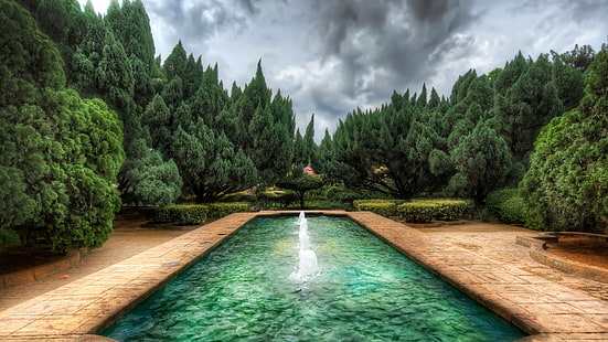 кафяв надземен басейн, фонтан, дървета, HDR, градина, облачно, парк, HD тапет HD wallpaper