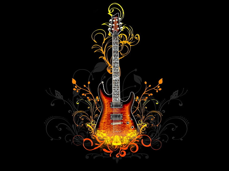 оранжева и черна илюстрация на китара на стратокастър, китара, огън, светлина, HD тапет