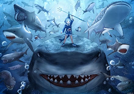 anime kızlar, köpekbalığı, Virtual Youtuber, Gawr Gura, anime, HD masaüstü duvar kağıdı HD wallpaper