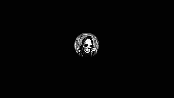 skeleton clip art, digital art, simple background, minimalism, Grim Reaper, skull, skeleton, bones, scythe, hallway, door, fisheye lens, monochrome, drawing, black background, spooky, death, HD wallpaper