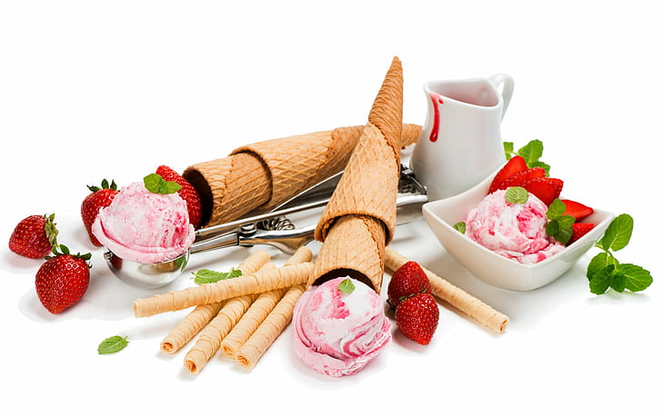 Food, Ice Cream, Still Life, Strawberry, Waffle Cone, HD wallpaper