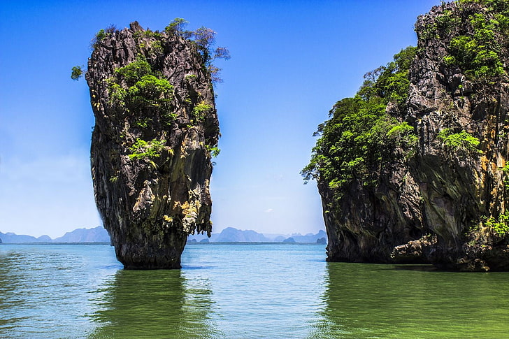 formacja skalna w wodzie, Tajlandia, tajski, morze, niebo, wyspa, skała, woda, Tapety HD