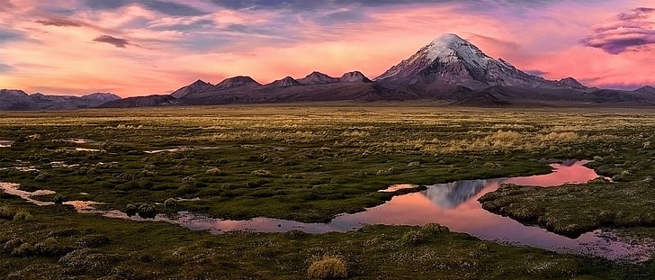 nature, landscape, sunset, mountains, panoramas, desert, sky, snowy peak, wetland, clouds, plateau, Bolivia, sajama, HD wallpaper