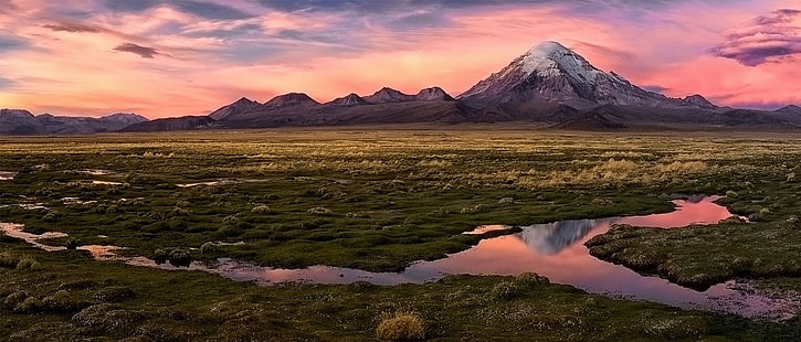 nature, landscape, sunset, mountains, panoramas, desert, sky, snowy peak, wetland, clouds, plateau, Bolivia, sajama, HD wallpaper HD wallpaper