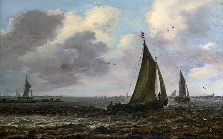 voilier marron, peinture, voilier, mer, ciel, oiseaux, art classique, Jan van Goyen, Fond d'écran HD