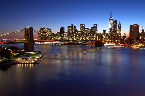 มุมมองตานกของอาคารตึกระฟ้าสะพานบรูคลินสะพานบรูคลินสะพานบรูคลินดาวน์ทาวน์แมนฮัตตันวันเวิลด์เทรดเซ็นเตอร์ชั่วโมงสีฟ้ามุมมองตานกตึกระฟ้าอาคาร NYC แมนฮัตตันบรูคลินเส้นขอบฟ้าสถาปัตยกรรมไอคอน BlueHour ニュ , ヨ, ク, pont, Puente, ponte, bleu, azul, blu, การสะท้อน, เส้นขอบฟ้าในเมือง, uSA, ทิวทัศน์, เมืองนิวยอร์ก, กลางคืน, แม่น้ำ, แมนฮัตตัน - เมืองนิวยอร์ก, สถานที่ที่มีชื่อเสียง, ย่านใจกลางเมือง, ฉากในเมือง, เมือง , แม่น้ำตะวันออก, พลบค่ำ, ส่องสว่าง, สะพาน - โครงสร้างที่มนุษย์สร้างขึ้น, วอลล์เปเปอร์ HD HD wallpaper