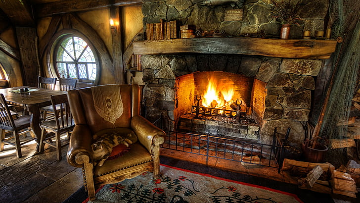 HDR, fireplace, indoors, fire, cat, HD wallpaper