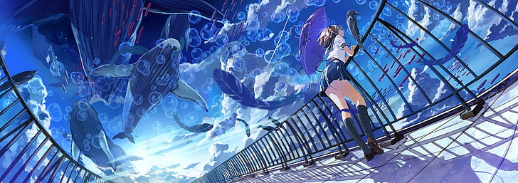 зонт, рыба, школьная форма, аниме девушки, облака, кит, наушники, пузыри, HD обои