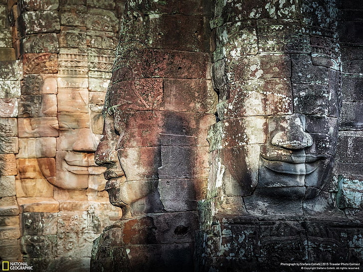 bassorilievo Gautama Buddha muro, cielo, nuvole, paesaggio, Buddha, National Geographic, statua, Sfondo HD