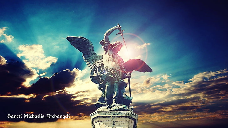 Estátua de arcanjo, arcanjo são Miguel, céu, luzes, espada, anjo, HD papel de parede