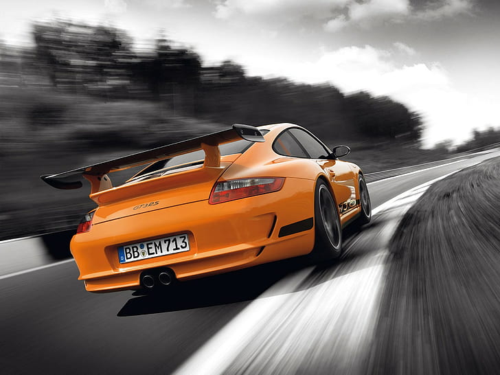 vehicle, car, Porsche, motion blur, Porsche GT3RS, orange cars, selective coloring, Porsche 911 GT3 RS, dutch tilt, HD wallpaper